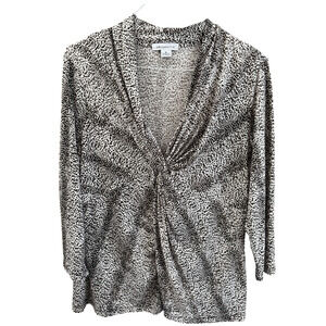 Liz Claiborne XL Set of 2 Workwear Blouses Brown Animal Print/Blue Geometric